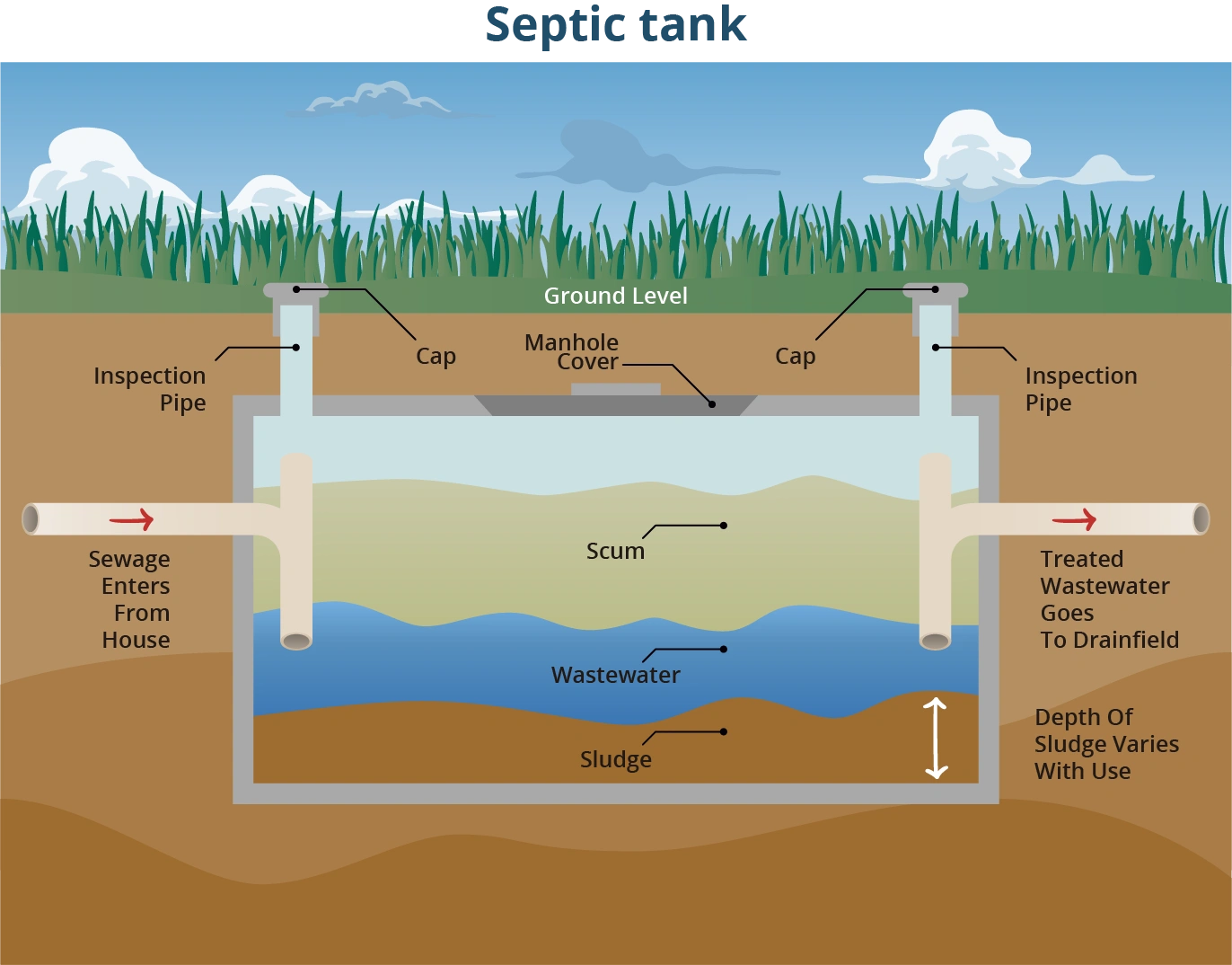Cross-section diagram of a residential septic system